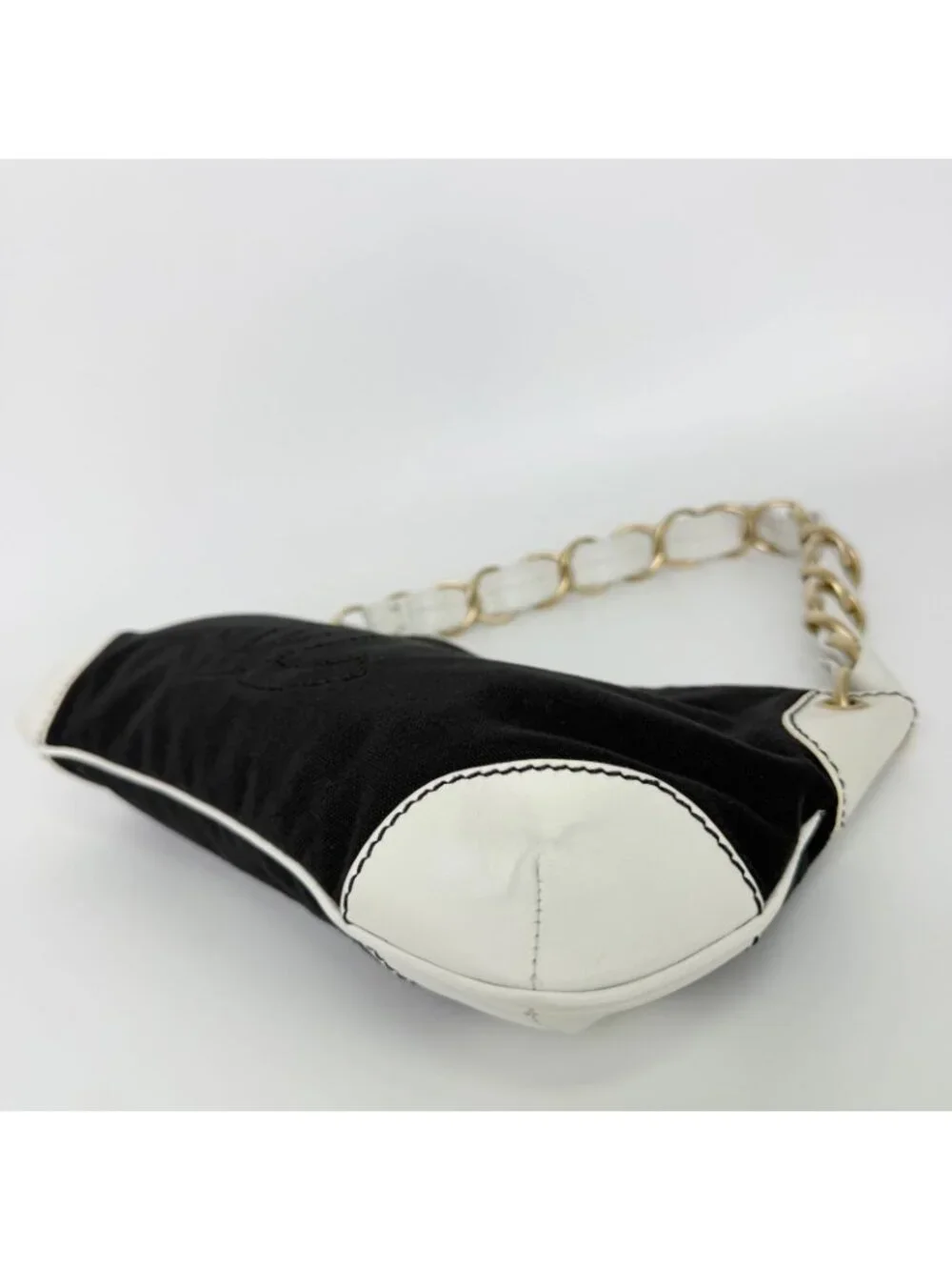 Chanel CC Logo Chain Shoulder Bag Canvas Leather Black White Gold Vintage